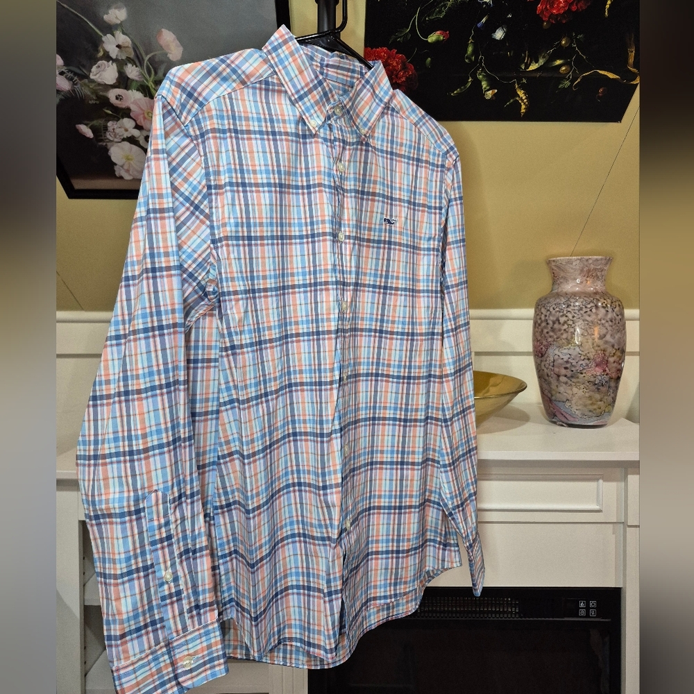 NEW! Vineyard Vines Men's Blue and Orange Plaid Shirt 997/2287